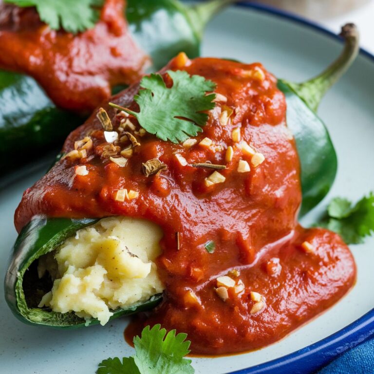 Chiles Rellenos Veganos de Papa y Salsa Roja