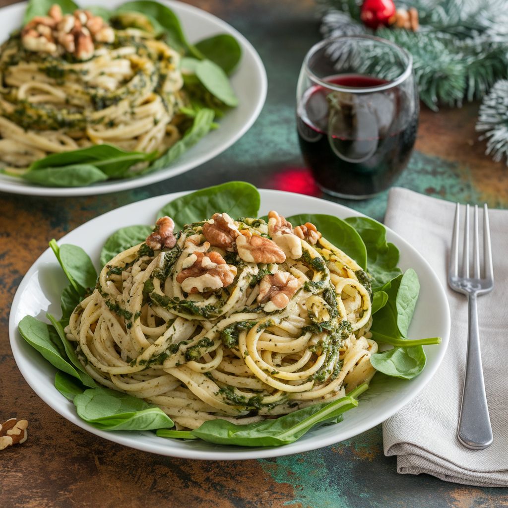 Pasta Vegana Navideña con Pesto de Nuez y Espinaca