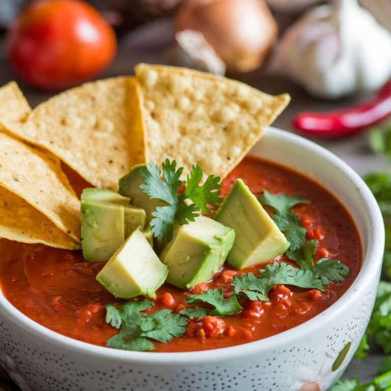 Sopa Azteca Vegana Navideña con Aguacate y Totopos